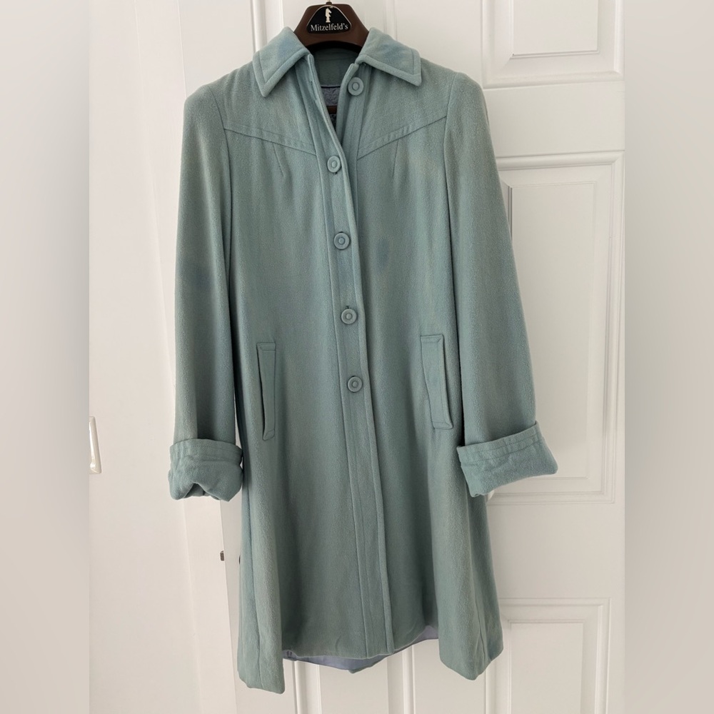 Vintage Teal Blue Wool Lined Dress Coat Cuffs - Picture 2 of 16